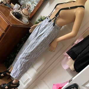 Vtg 80s striped denim pleated front suspender jeans 26 waist